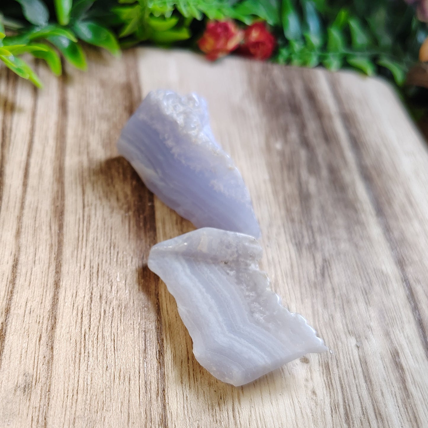 Crystal on a wooden surface with greenery in the background