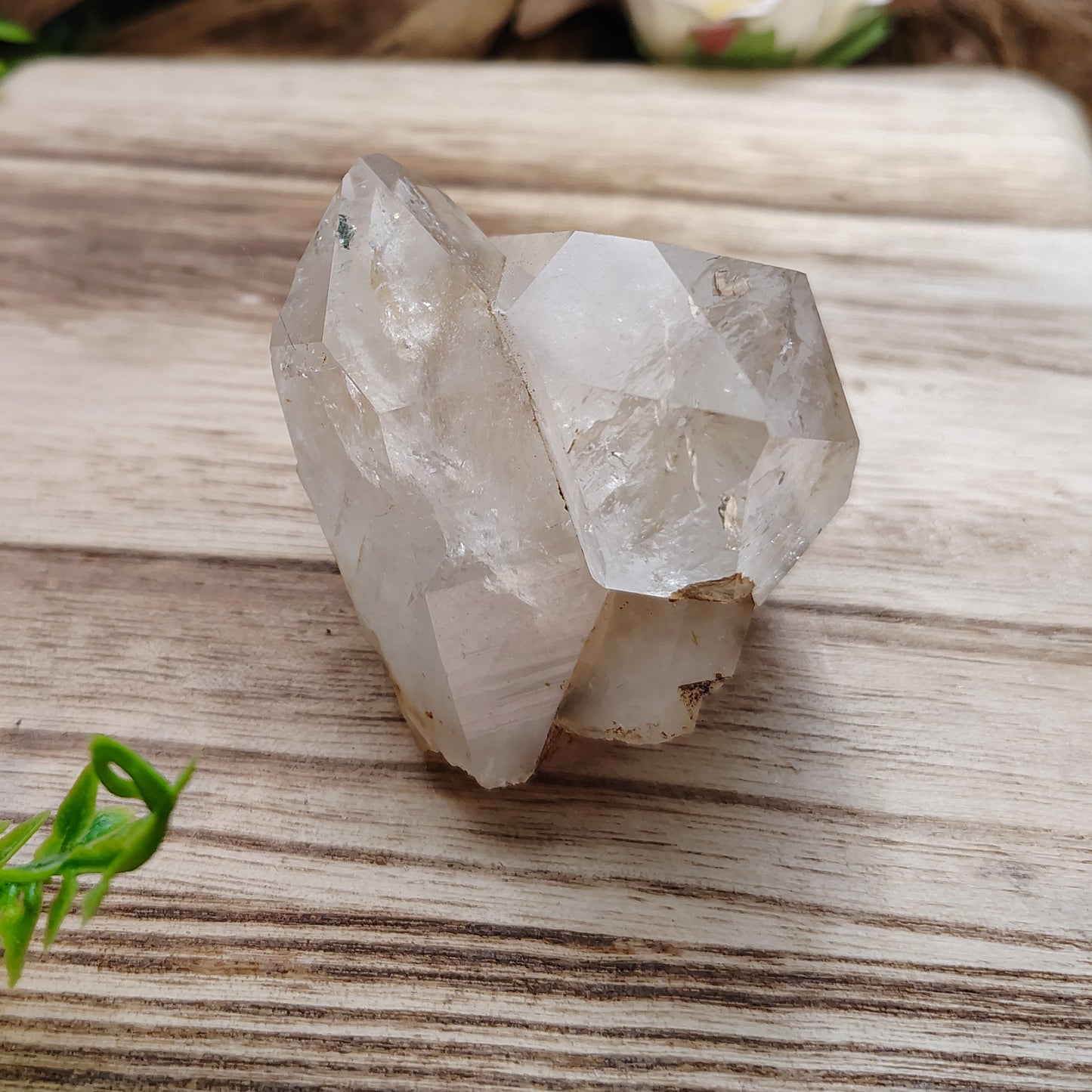 Crystal on a wooden surface with plants and flowers in the background