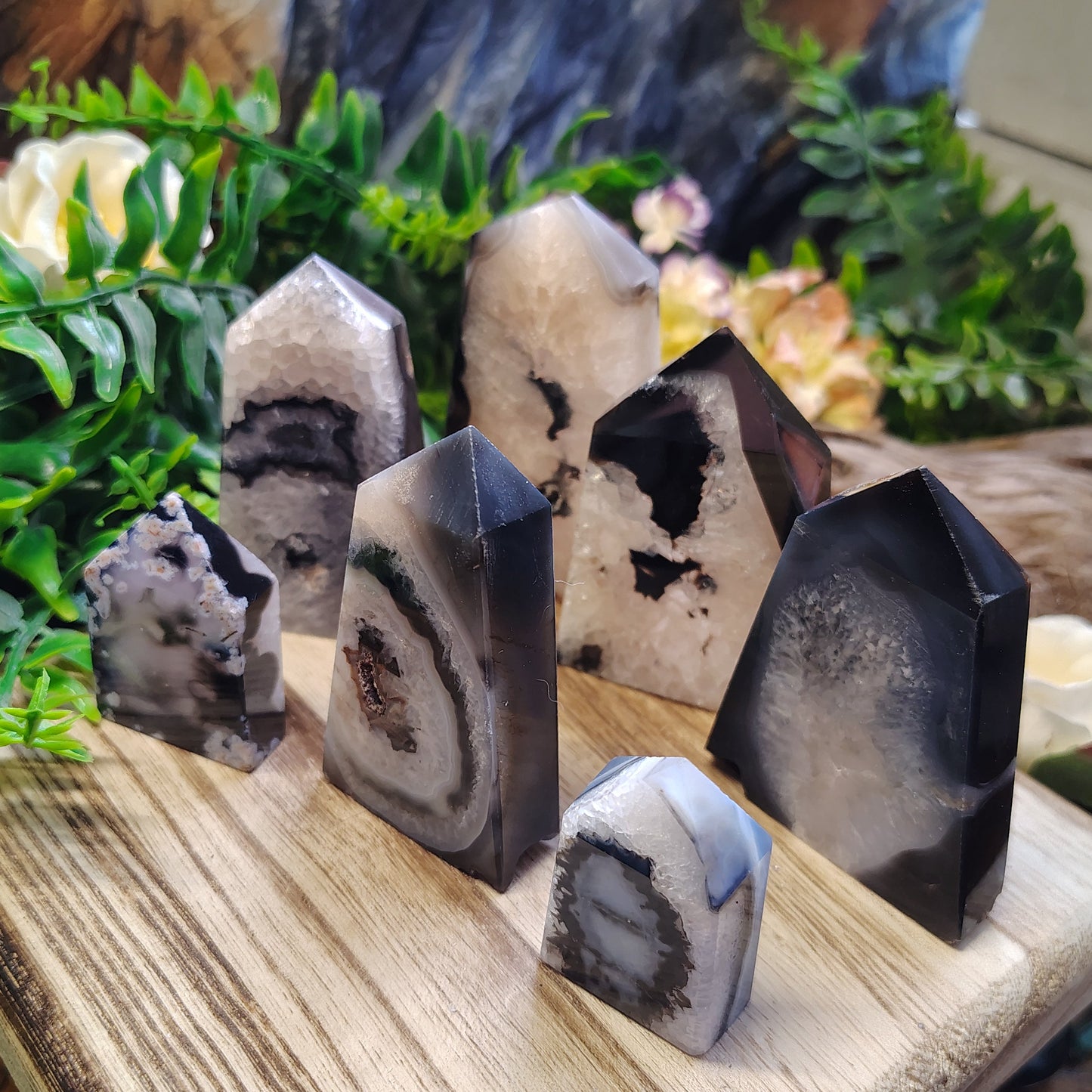 Collection of agate stones on a wooden stand with greenery and driftwood in the background