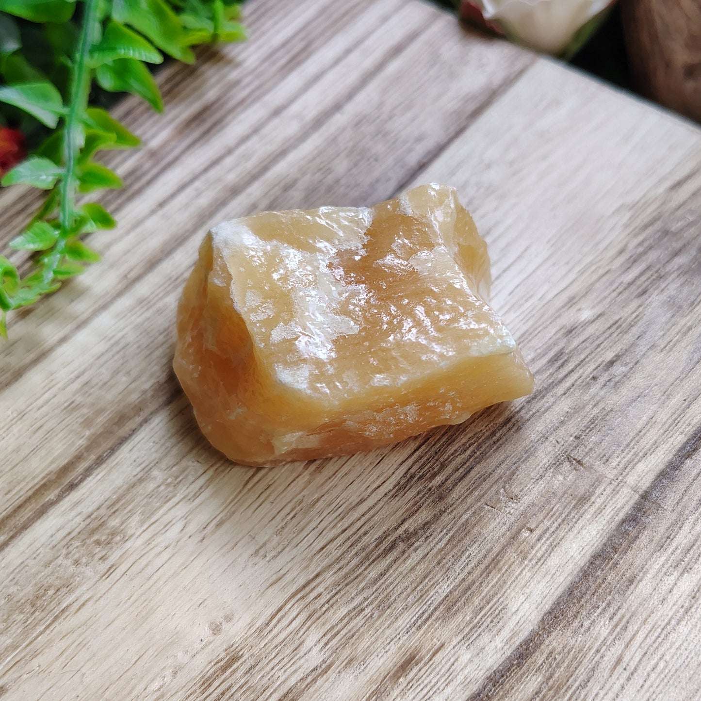 Raw amber stone on a wooden surface with greenery around