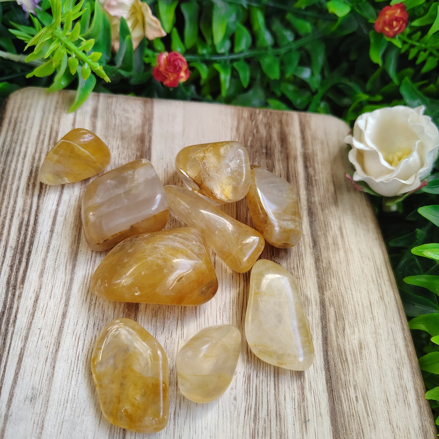 Yellow crystals on a wooden surface with greenery in the background