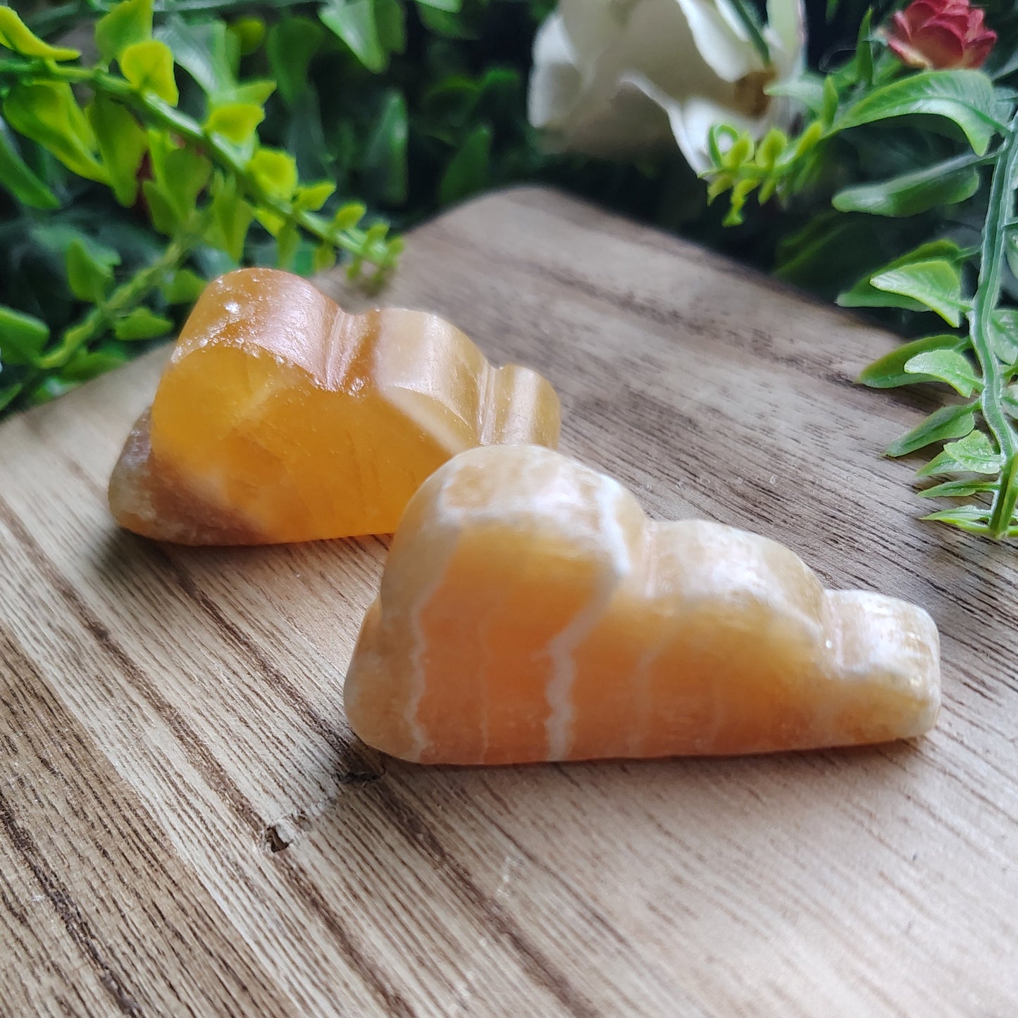 yellow calcite on a wooden surface with greenery in the background