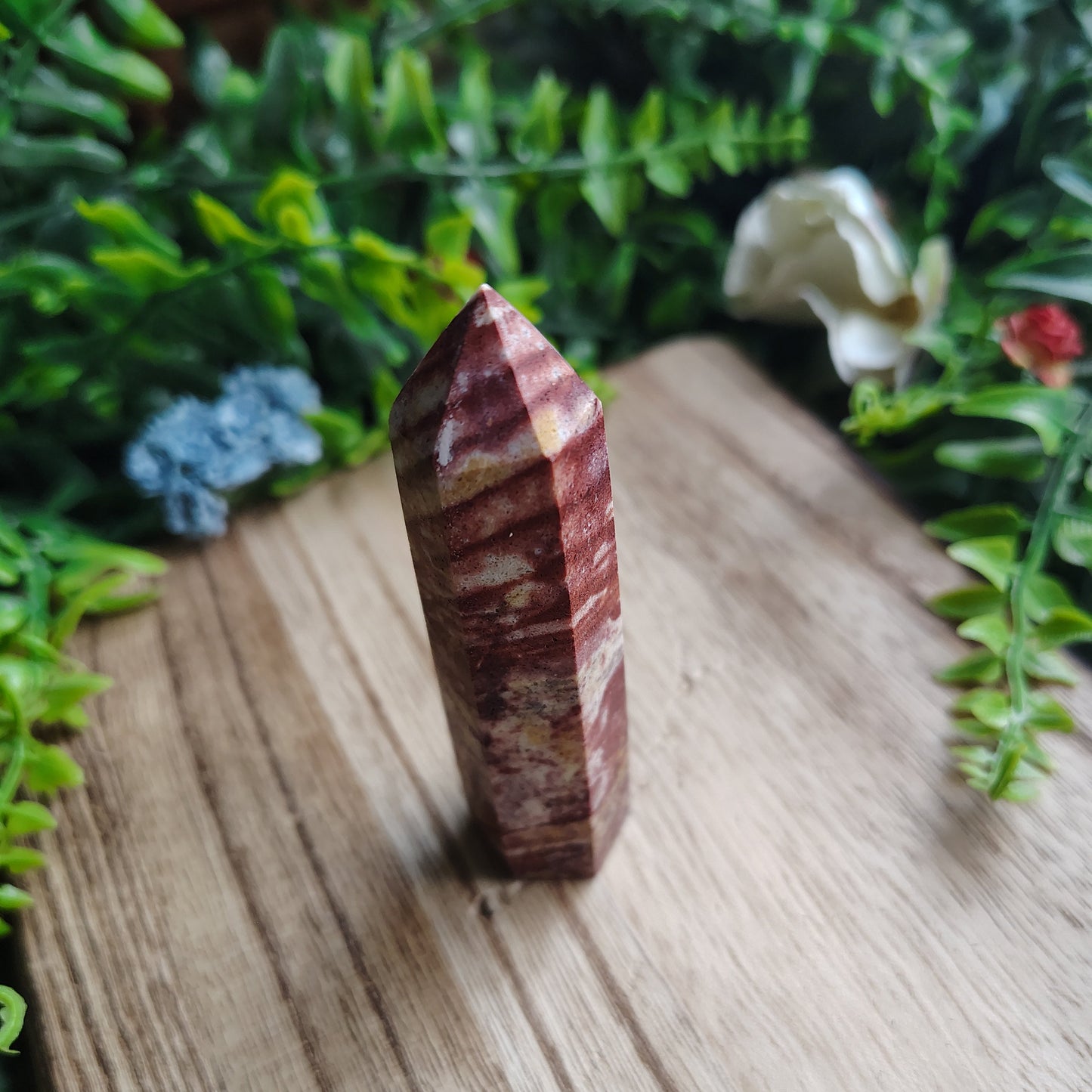 Polished multicolored stone on a wooden surface with greenery in the background