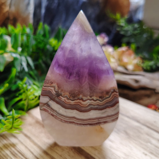 agate and amethyst crystal on a wooden surface with plants in the background
