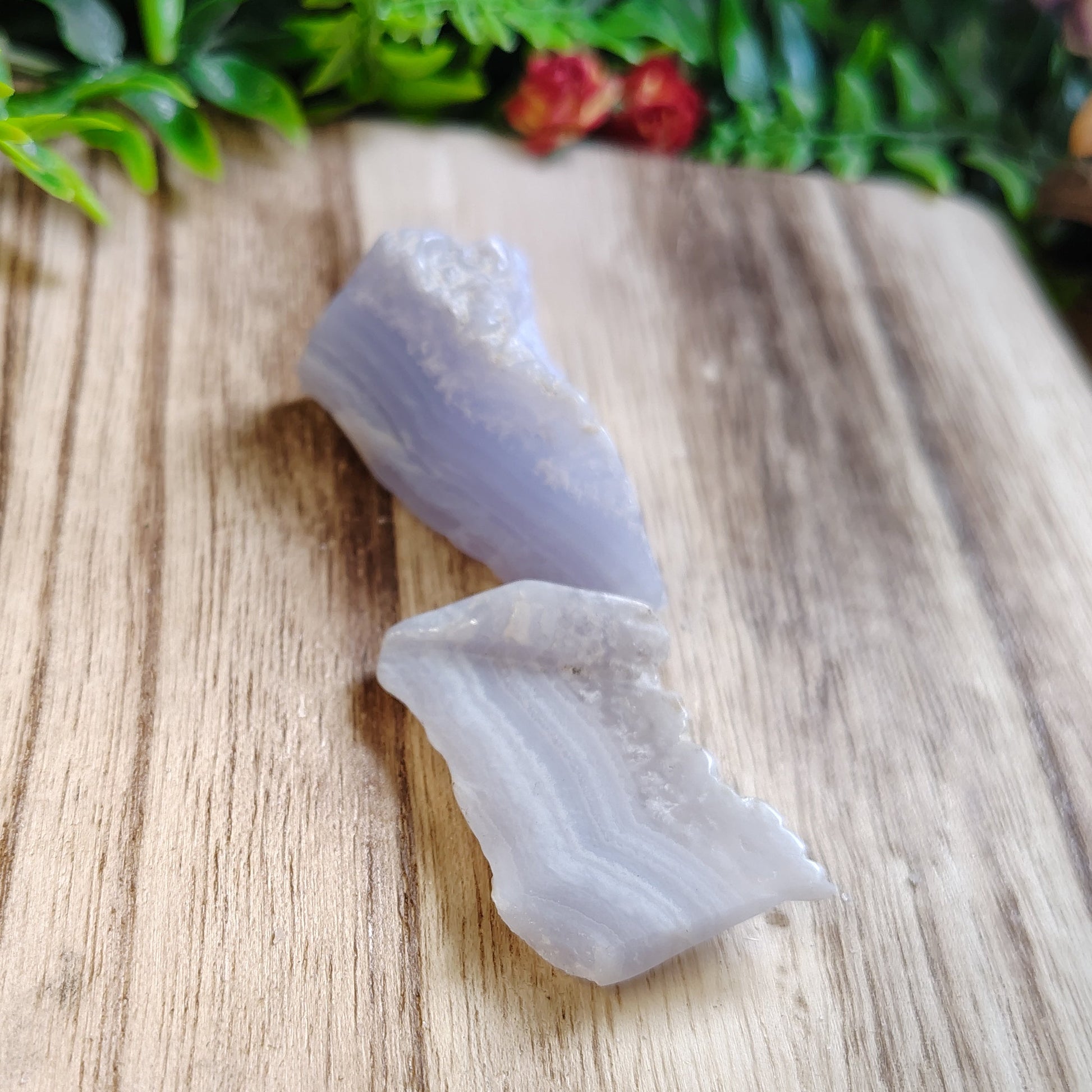 Crystal on a wooden surface with greenery in the background