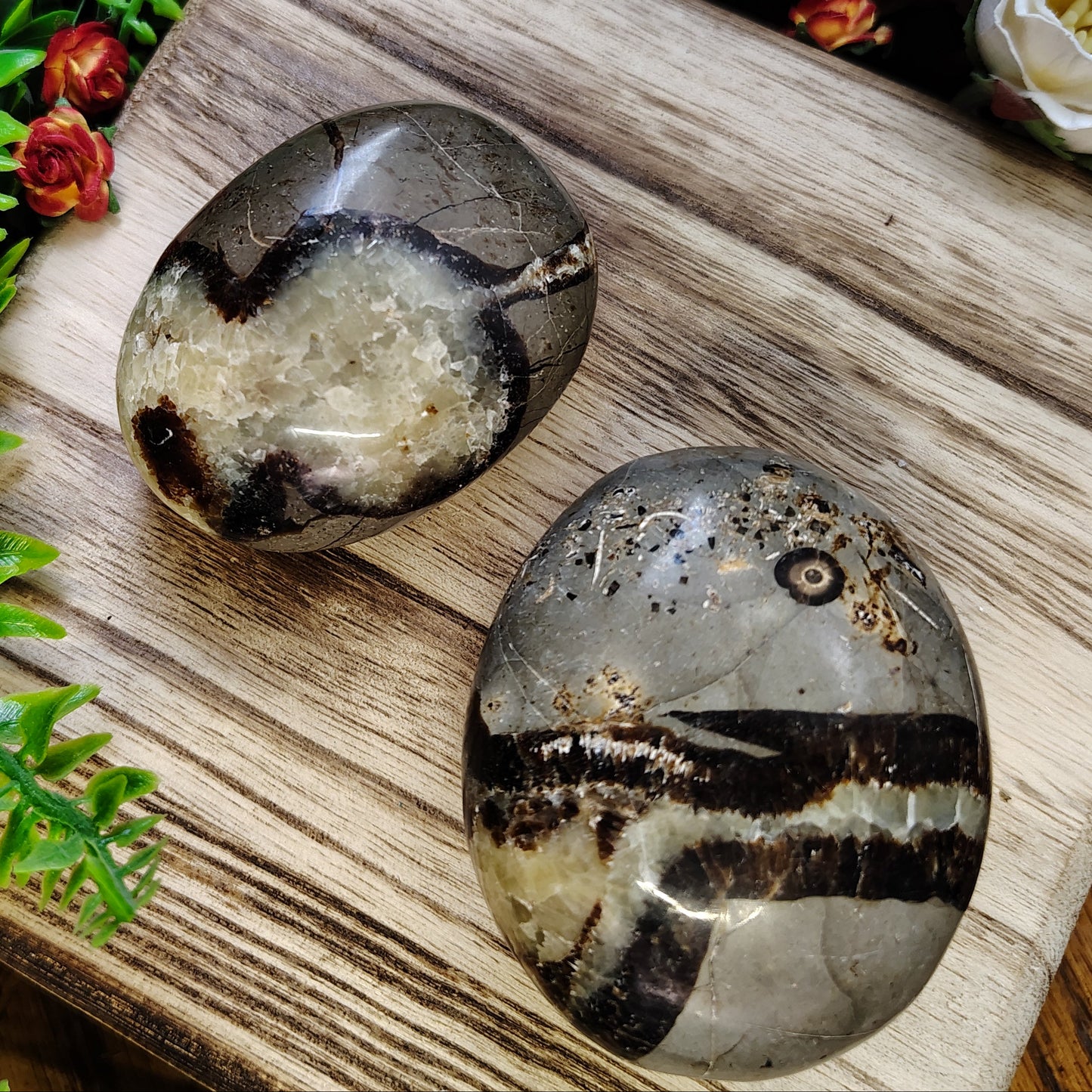 Two polished stones on a wooden surface with greenery and flowers in the background