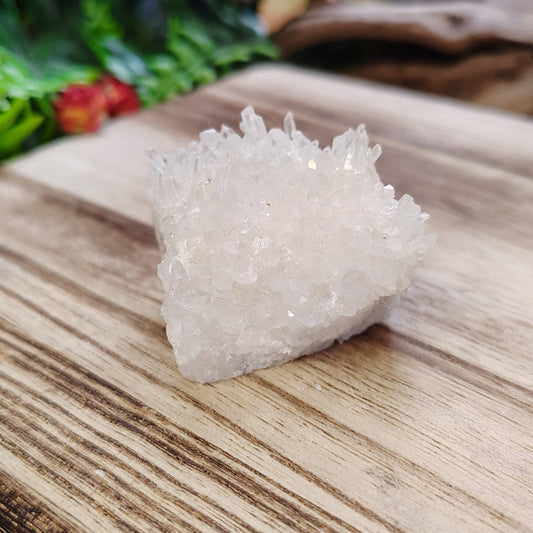Crystal on a wooden surface with greenery in the background