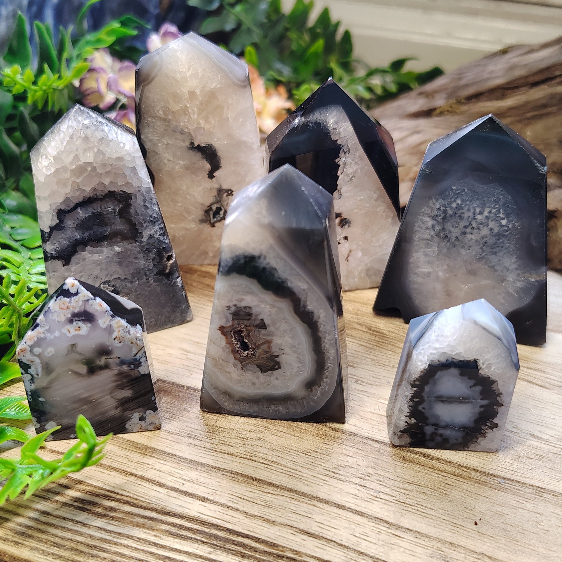 Collection of crystal and stone specimens on a wooden stand with greenery and wood in the background