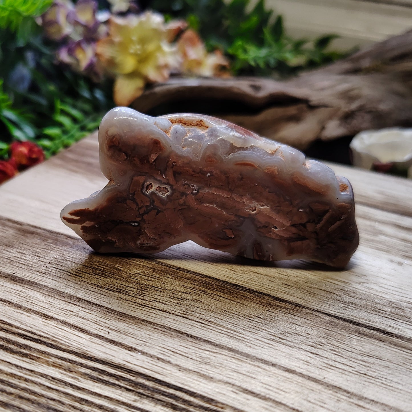 Decorative stone on a wooden surface with greenery in the background