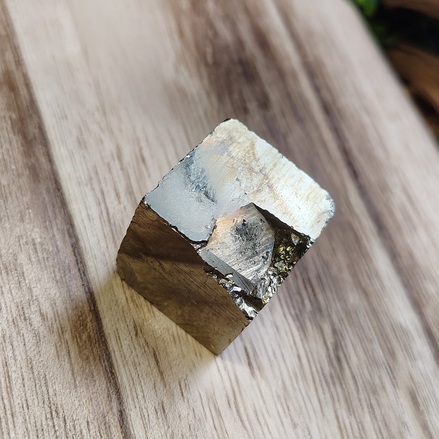 Crystal on a wooden surface with greenery in the background