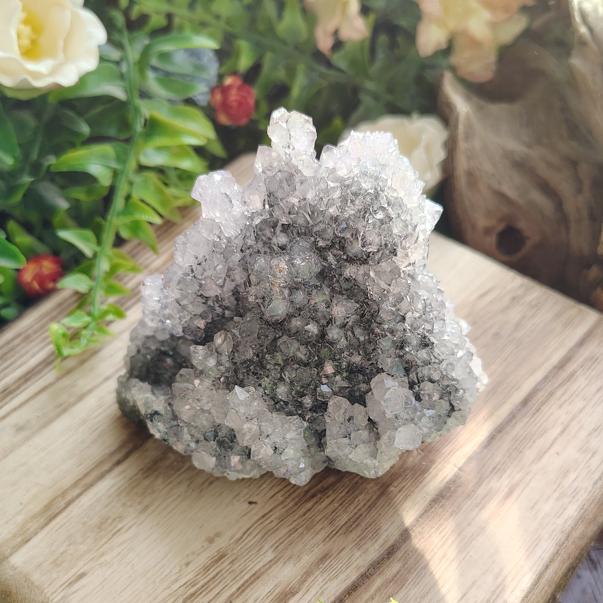 Crystal geode on a wooden block surrounded by greenery