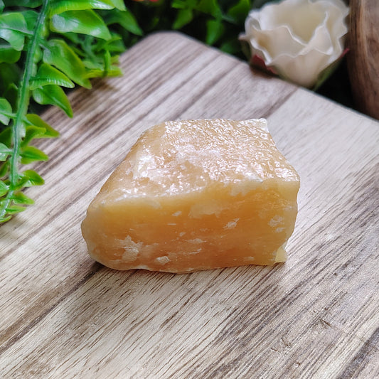 Crystal on a wooden surface with greenery around
