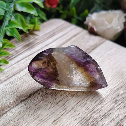 Amethyst crystal on a wooden surface with greenery in the background