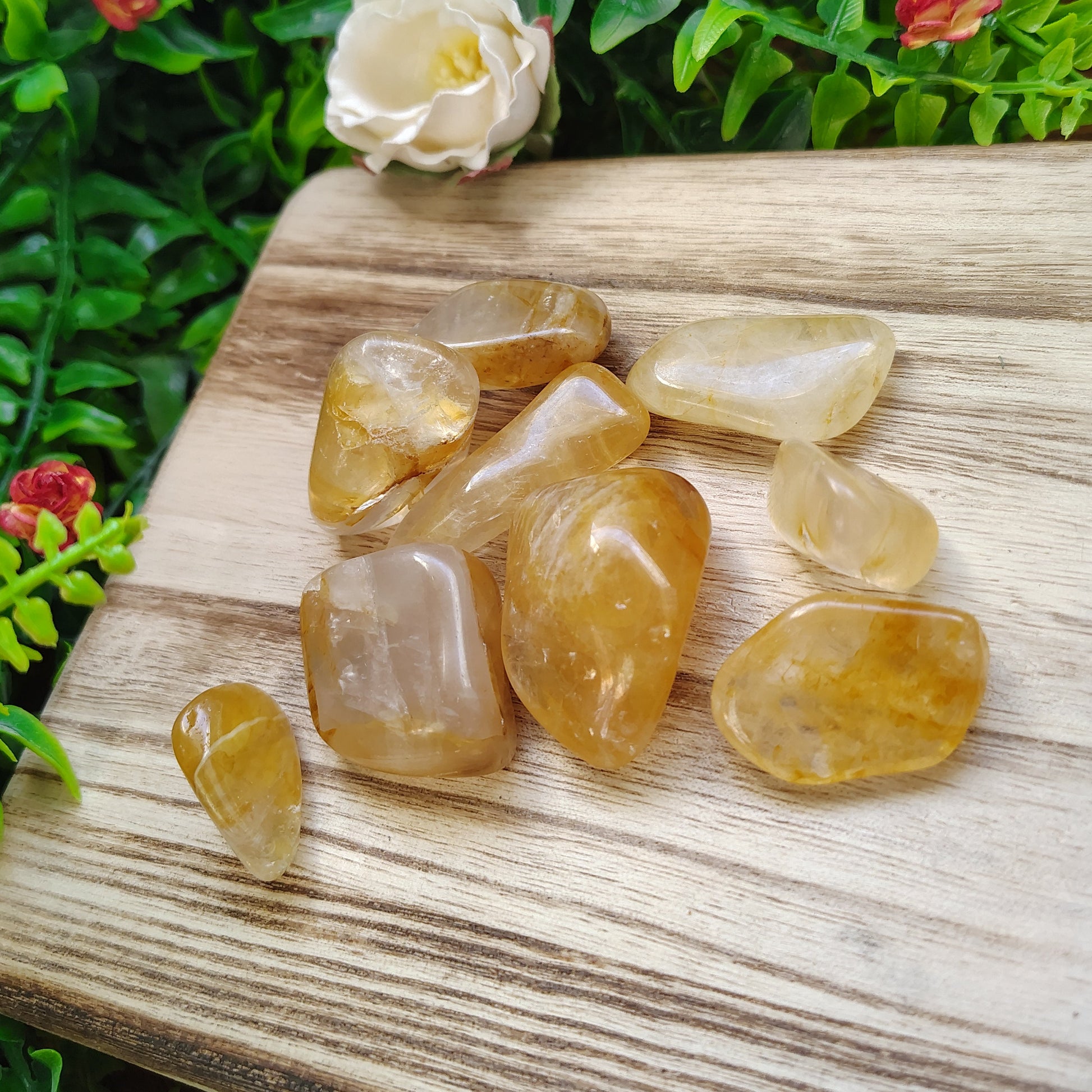 Decorative stones on a wooden board with greenery in the background