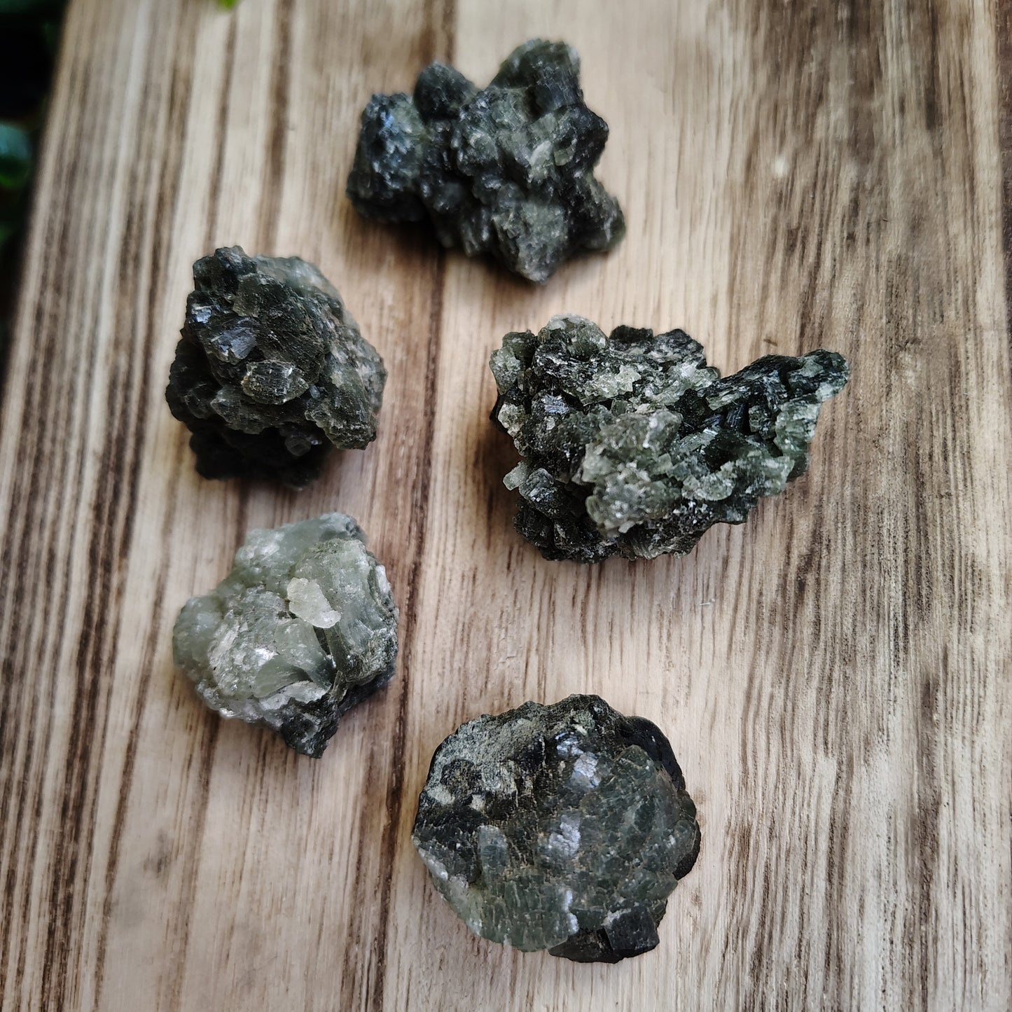 Mineral specimens on a wooden surface