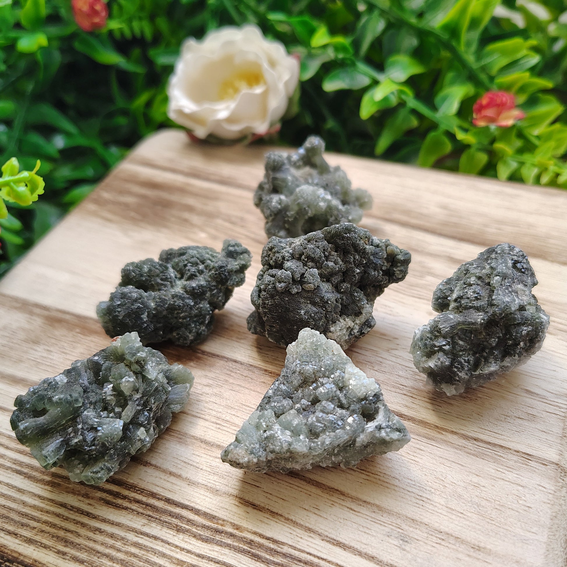 Mineral samples on a wooden board with greenery in the background