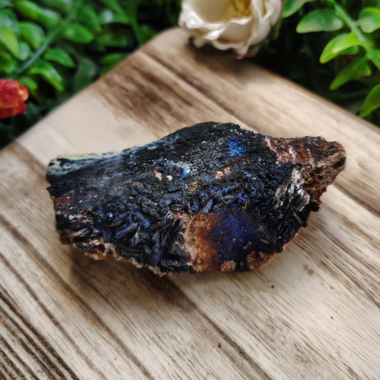 Mineral specimen on a wooden surface with greenery in the background