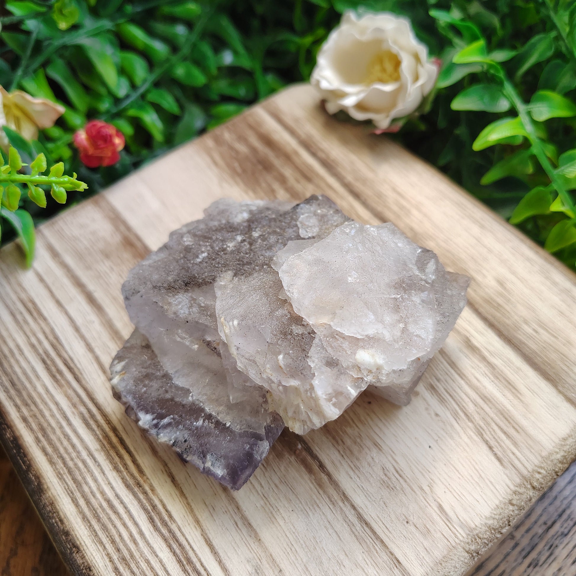Crystal on a wooden surface with greenery in the background