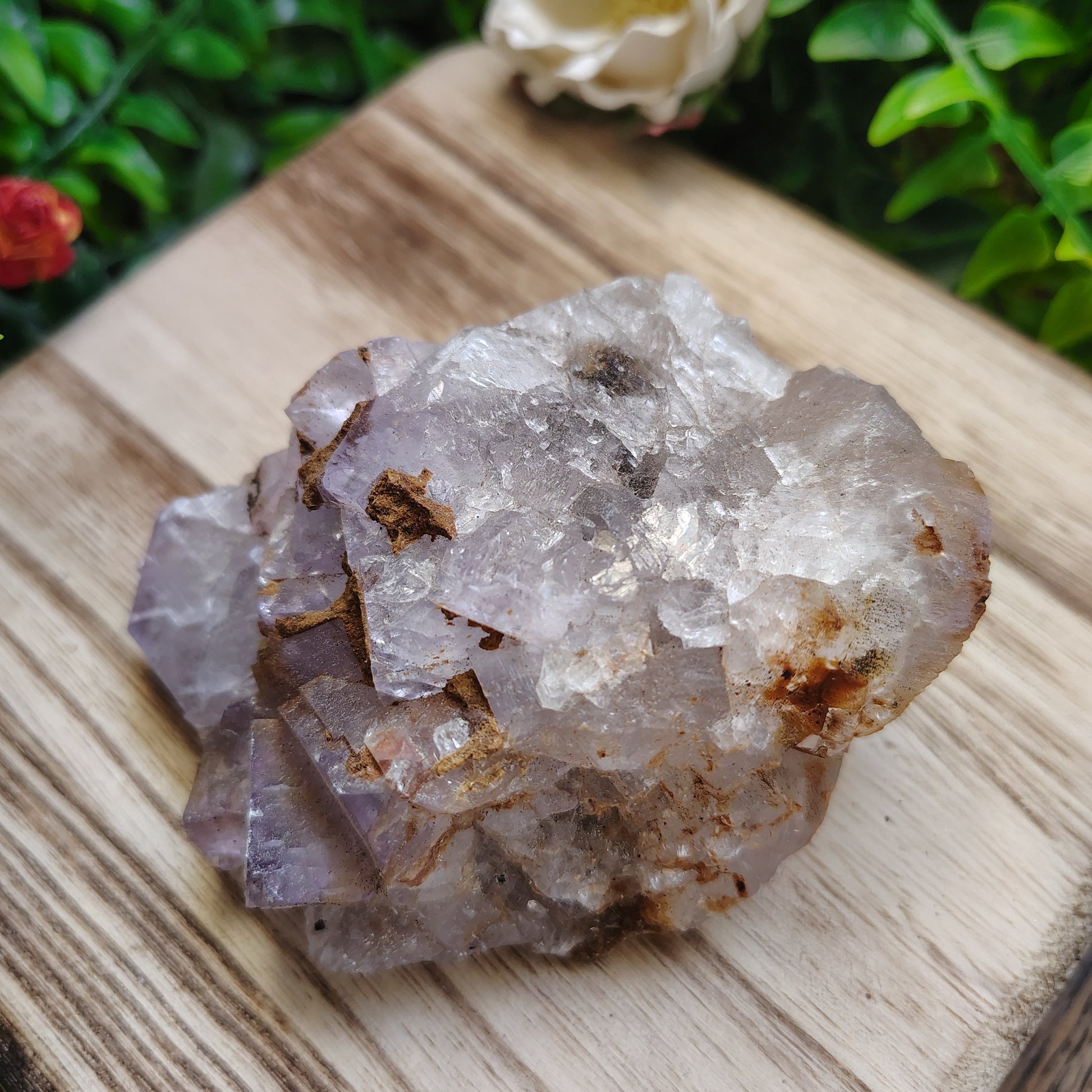 Crystal cluster on a wooden surface with greenery in the background