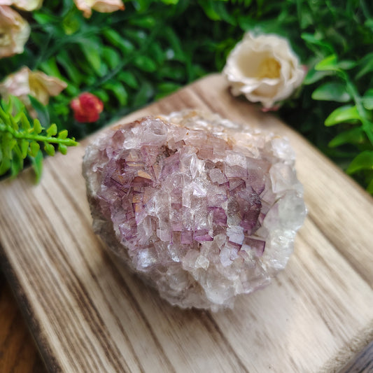 Crystal on a wooden surface with greenery in the background