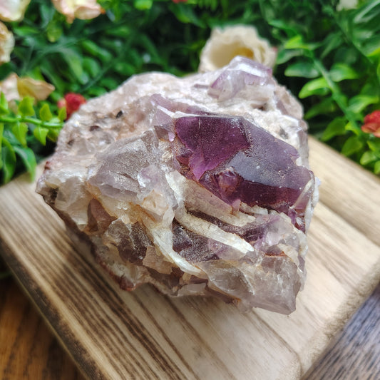 Crystal with purple interior on a wooden surface with greenery in the background