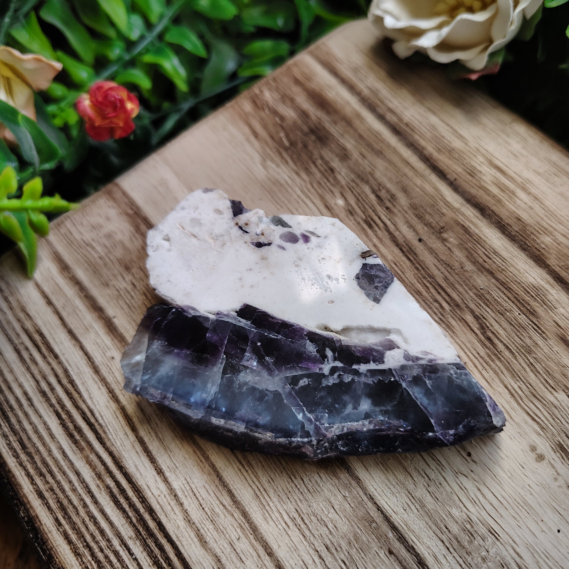 Mineral specimen on a wooden surface with decorative plants