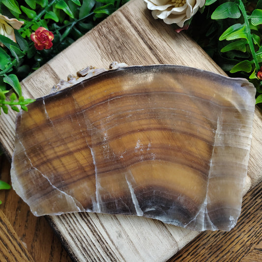 Polished fluorite stone on a wooden surface with greenery and flowers in the background