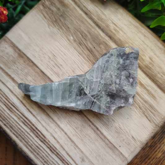 Crystal on a wooden surface with greenery in the background