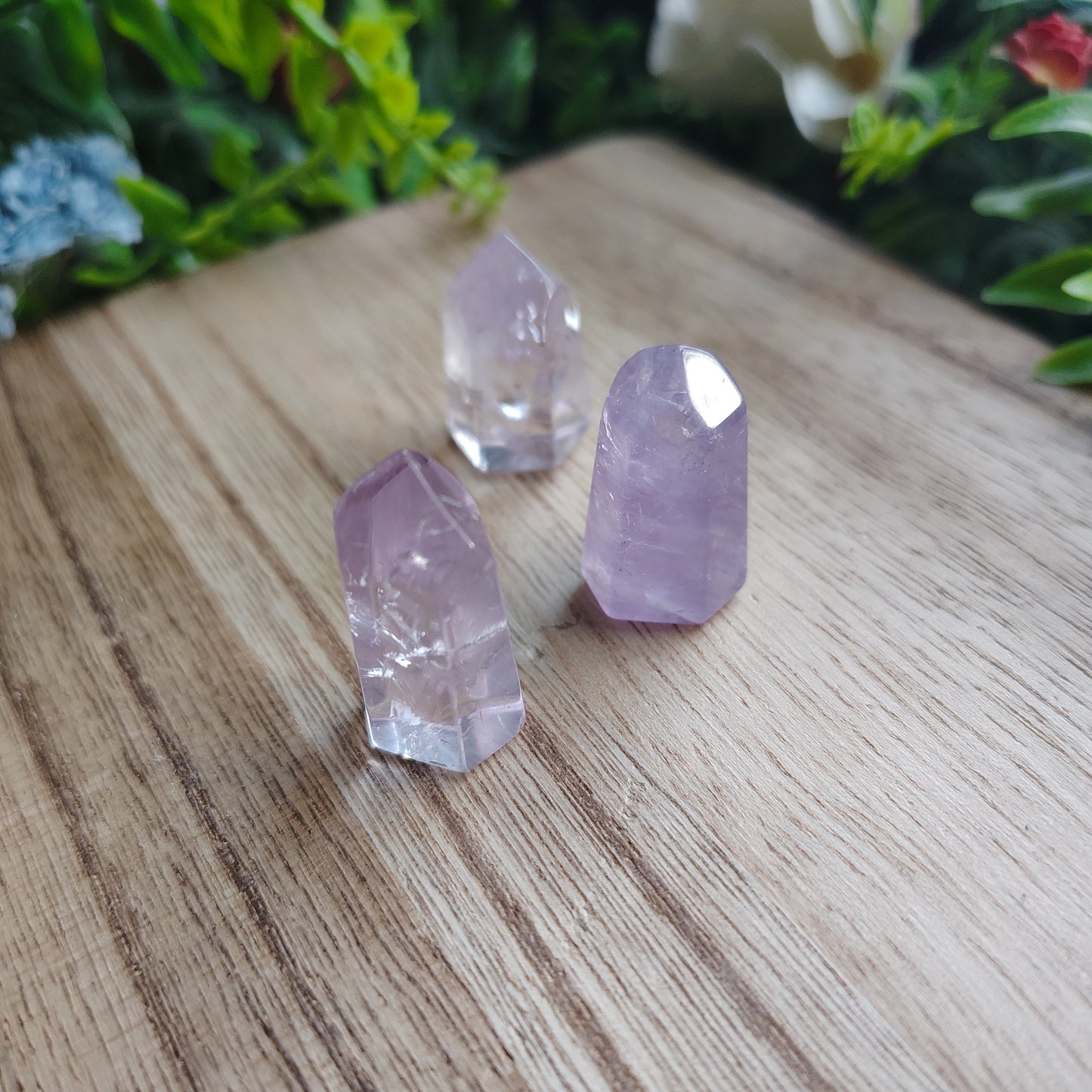 Three crystal points on a wooden surface with greenery in the background