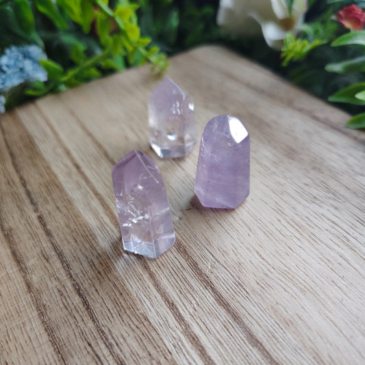Three crystal points on a wooden surface with greenery in the background