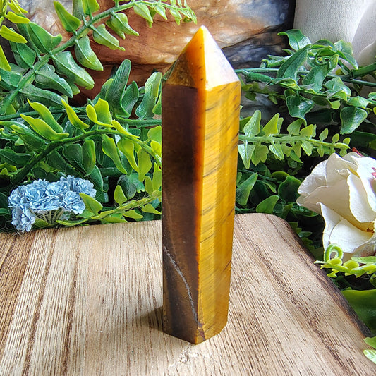 Tiger's eye crystal on a wooden surface with greenery