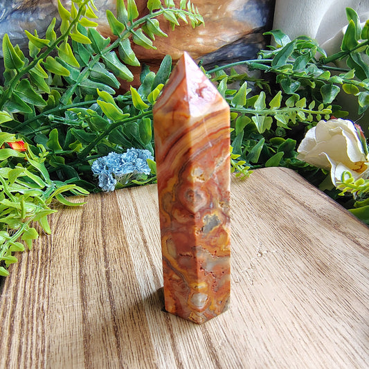 Brown crystal point on a wooden surface with greenery