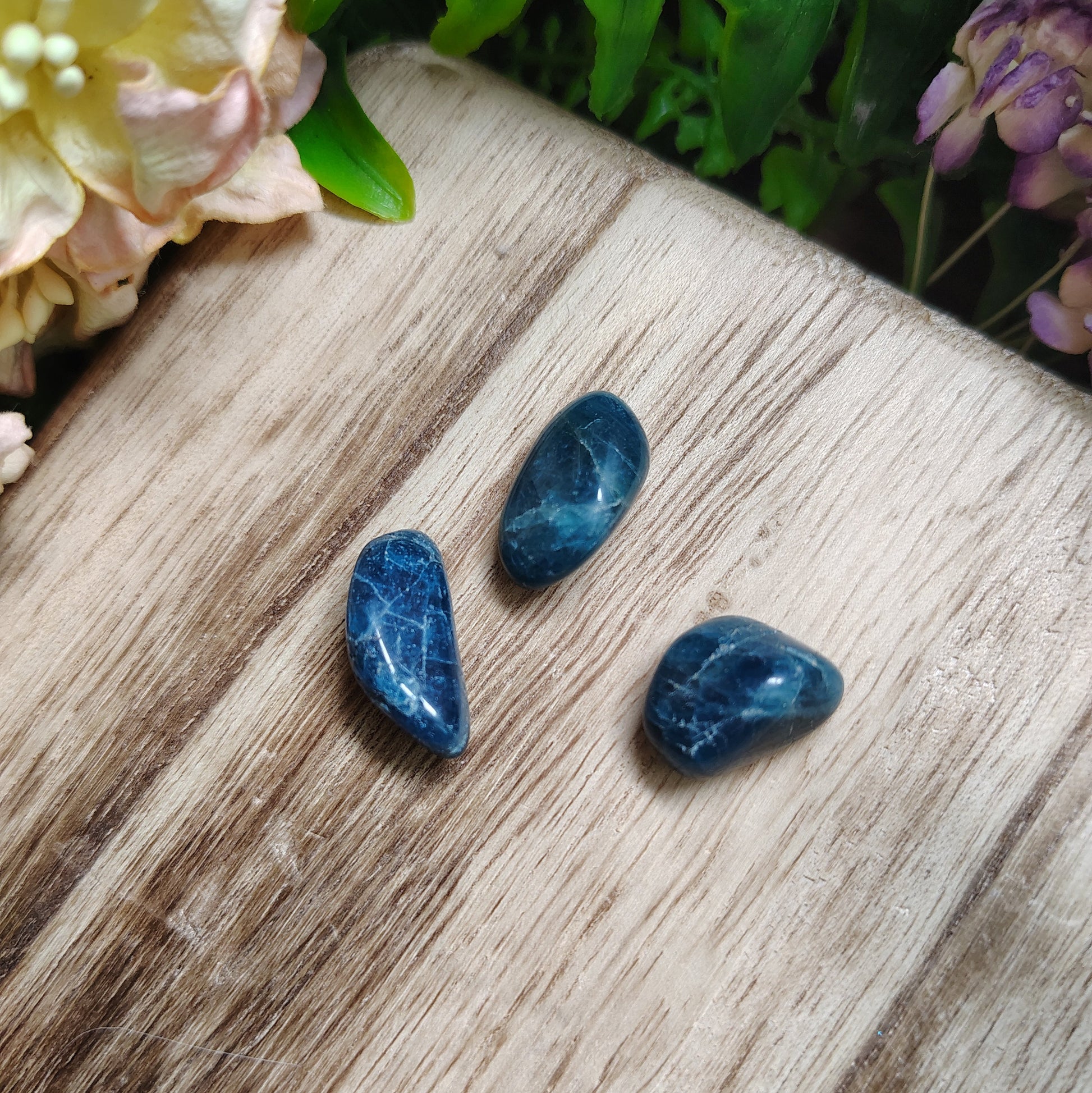 Three blue stones on a wooden surface with greenery in the background