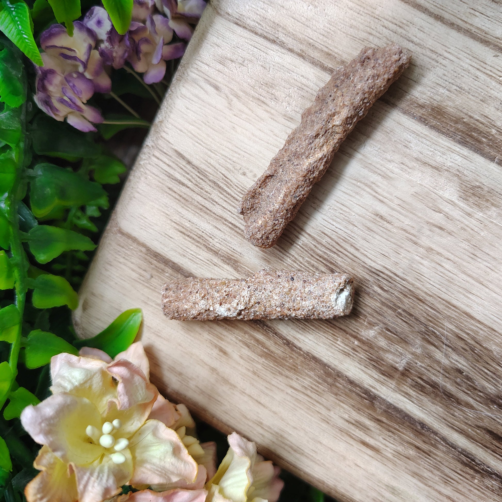 Two fulgurite on a wooden surface with green leaves and flowers in the background